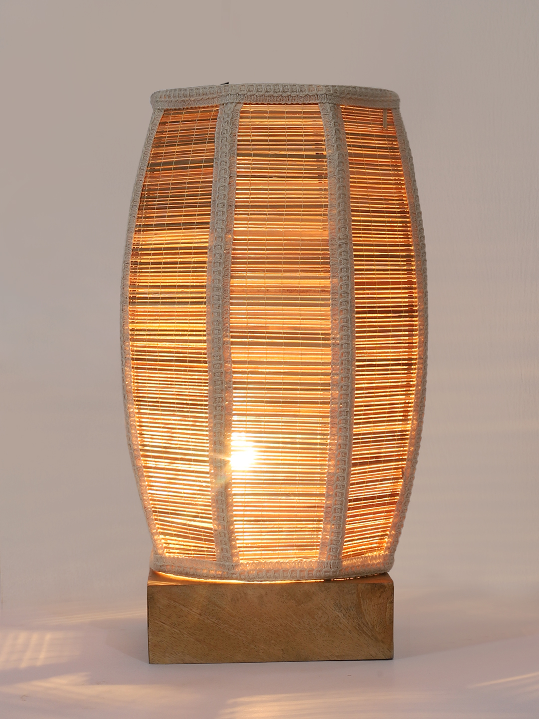Ambika Home Premium Handmade Beige Bamboo Dholak Table Lamp with Square & Natural Wooden Base | Boho Bedside Lamp for Bedroom, Living Room, Hotel, Café & Office | E27 Holder - Image 6