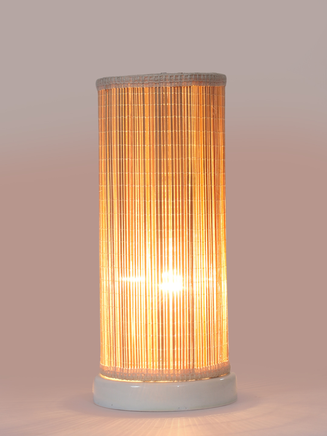 Ambika Home Premium Handmade Beige Bamboo Round Table Lamp with Round & White Wooden Base | Boho Bedside Lamp for Bedroom, Living Room, Hotel, Café & Office | E27 Holder - Image 6