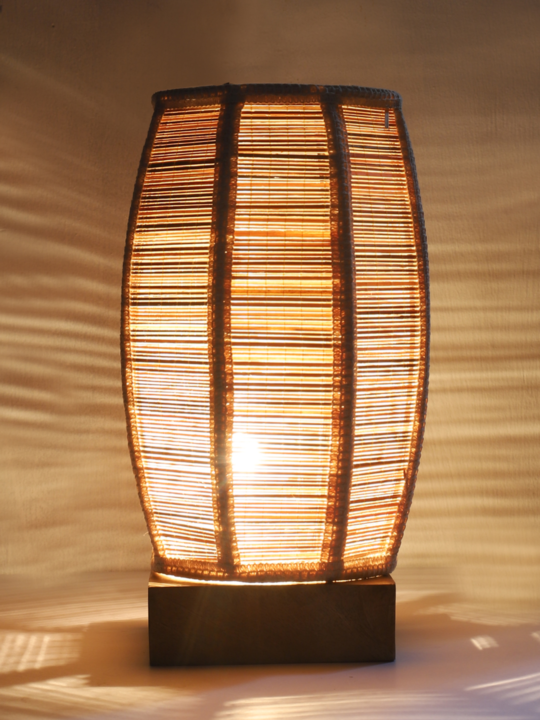 Ambika Home Premium Handmade Beige Bamboo Dholak Table Lamp with Square & Natural Wooden Base | Boho Bedside Lamp for Bedroom, Living Room, Hotel, Café & Office | E27 Holder - Image 7