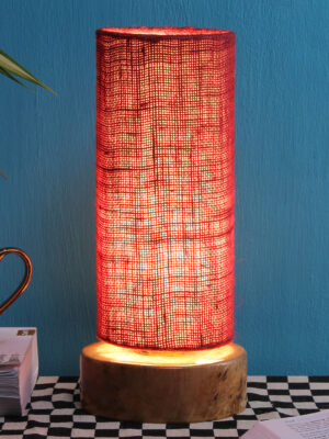 Ambika Home Wood Wood Table Lamps with Maroon Jute Shade | Round Shade & Round Base | Bedside Lamp for Bedroom, Living Room, Study, Office, Hotel, Café & Restaurant | Modern Home Decor | E27 Holder