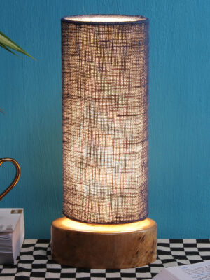 Ambika Home Wood Wood Table Lamps with Blue Jute Shade | Round Shade & Round Base | Bedside Lamp for Bedroom, Living Room, Study, Office, Hotel, Café & Restaurant | Modern Home Decor | E27 Holder