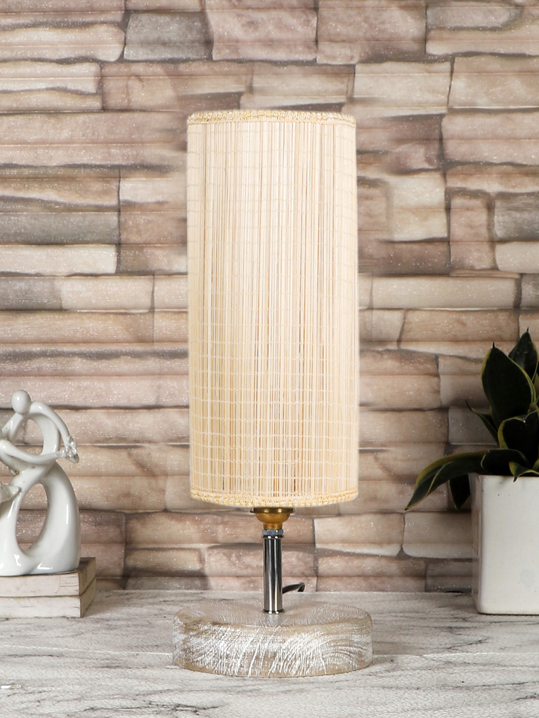 Ambika Home Beige Boho Bamboo White Brushed Decorative Table Lamp | Premium Handmade Home Decor | Bedroom Living Room Bedside Hotel Café | WK02