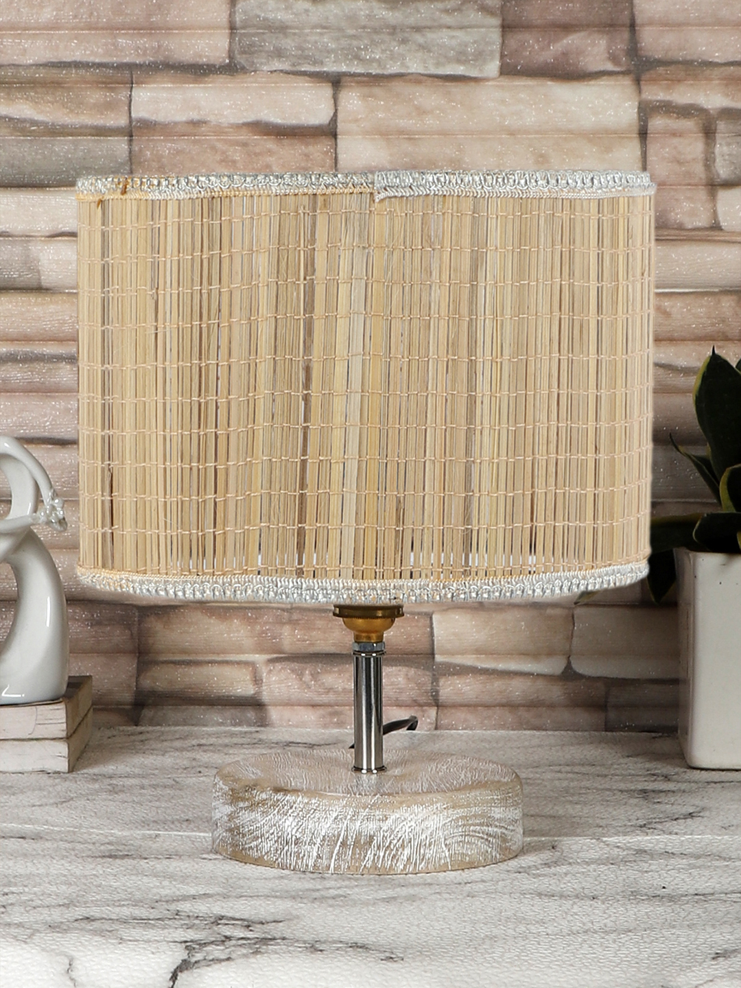 Ambika Home Beige Boho Bamboo White Brushed Decorative Table Lamp | Premium Handmade Home Decor | Bedroom Living Room Bedside Hotel Café | WK19