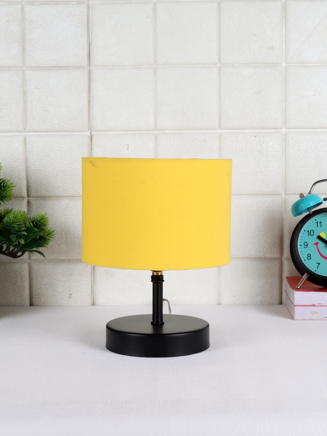 Ambika Home Yellow cotton Table Lamp with Black Wood Base | Designer Bedside Lamp for Living Room, Bedroom, Hotel, Café & Restaurant