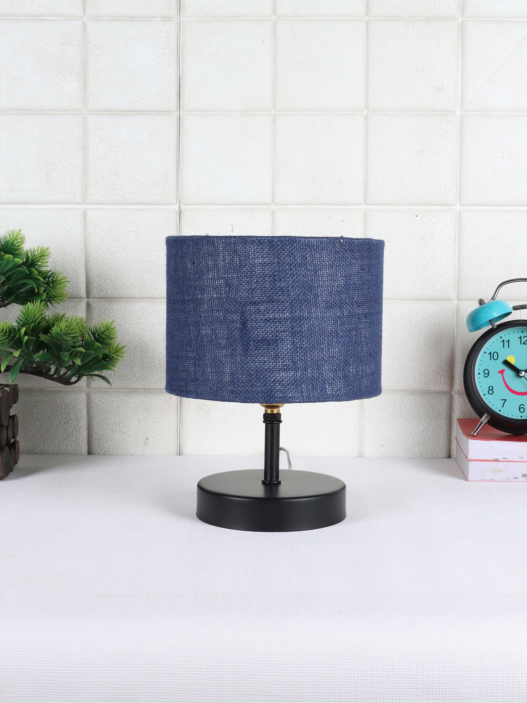 Ambika Home Blue Jute Table Lamp with Black Wood Base | Designer Bedside Lamp for Living Room, Bedroom, Hotel, Café & Restaurant