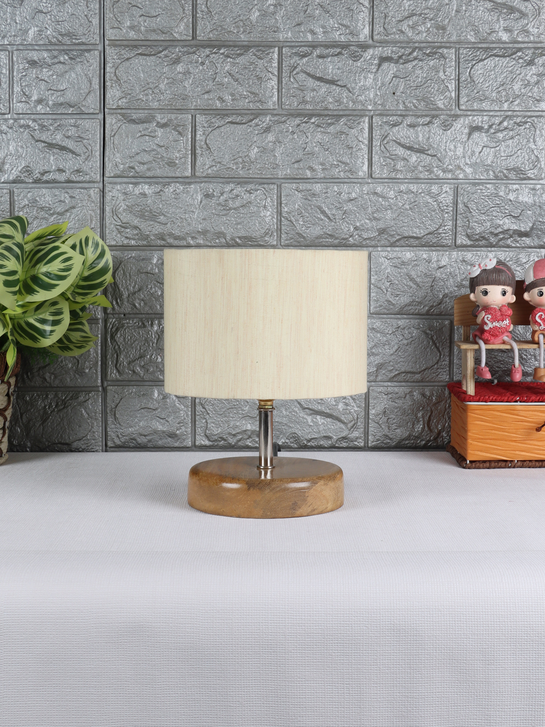 Ambika Home Off-white cotton Table Lamp with Natural Wood Base | Designer Bedside Lamp for Living Room, Bedroom, Hotel, Café & Restaurant
