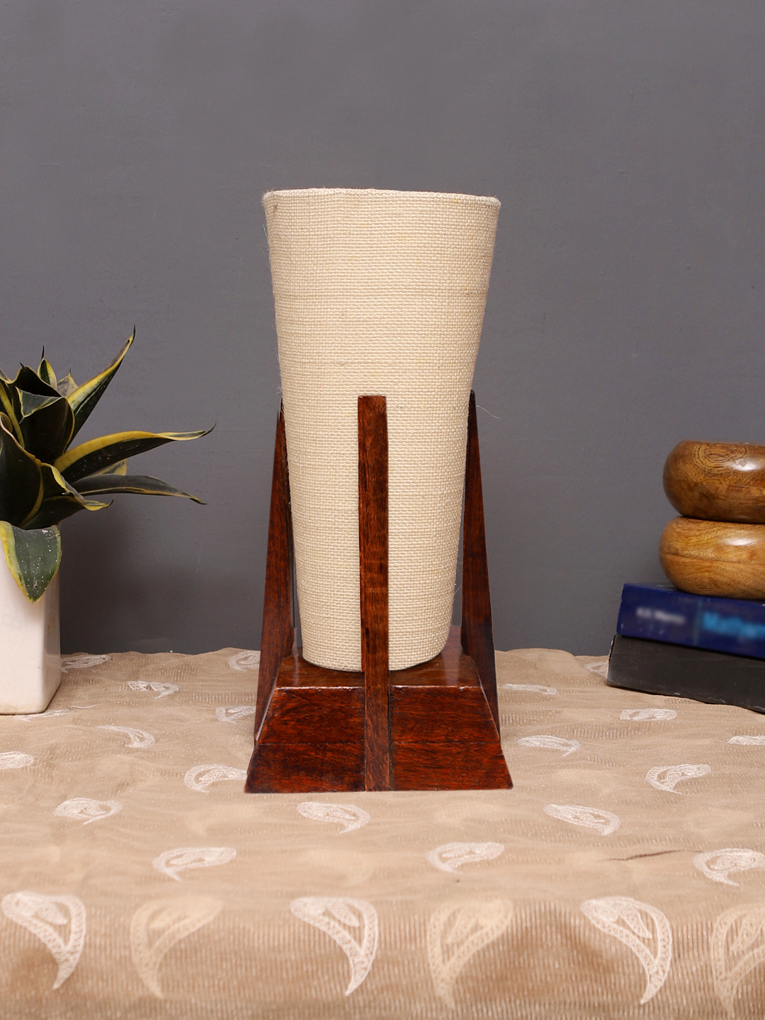 Ambika Home White Cotton Conical Wooden Table Lamp | Modern Bedside Lamp for Bedroom, Living Room, Hotel, Café & Home Décor