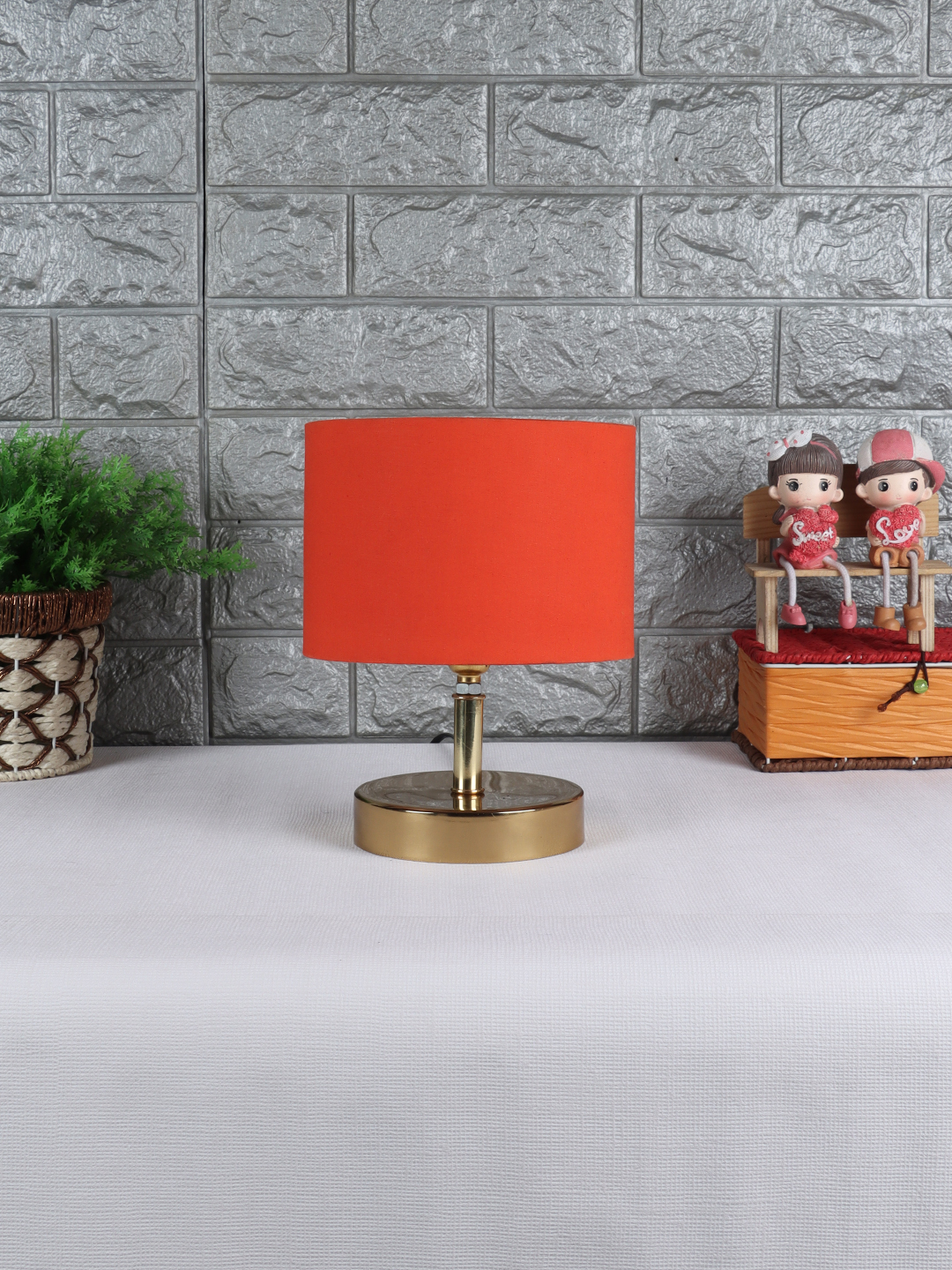 Ambika Home Orange cotton Table Lamp with Gold Metal Base | Designer Bedside Lamp for Living Room, Bedroom, Hotel, Café & Restaurant
