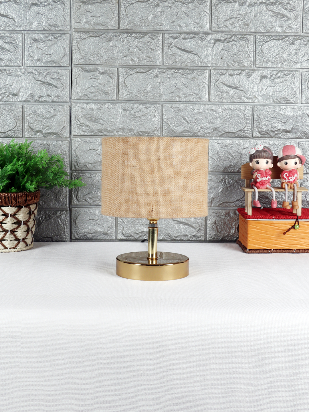 Ambika Home Beige Jute Table Lamp with Gold Metal Base | Designer Bedside Lamp for Living Room, Bedroom, Hotel, Café & Restaurant