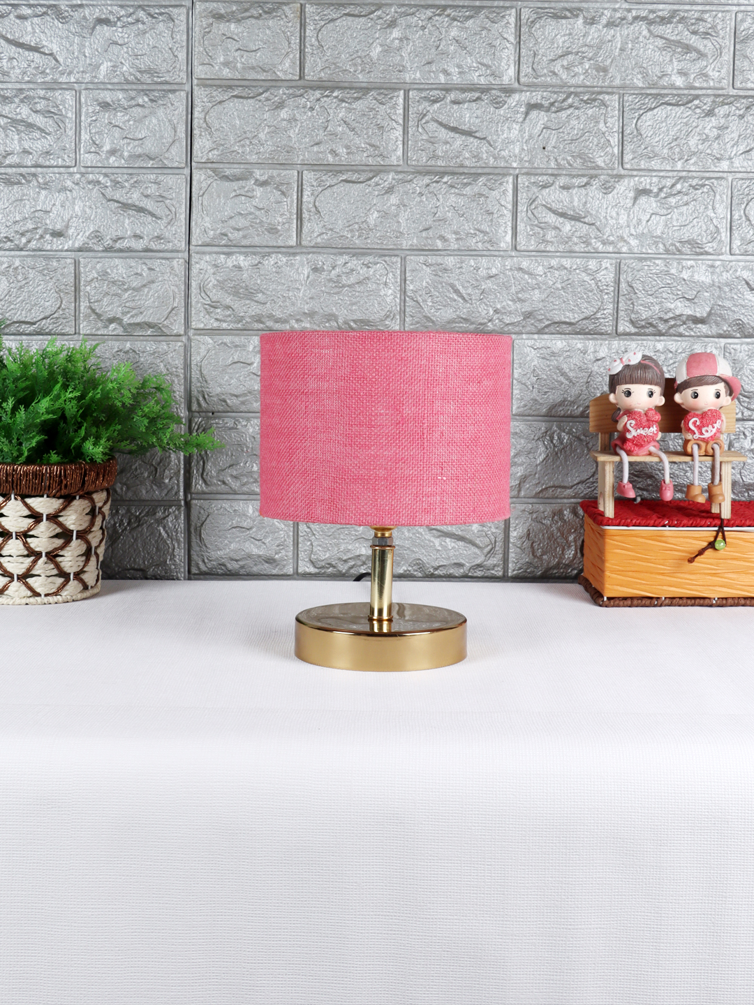 Ambika Home Pink Jute Table Lamp with Gold Metal Base | Designer Bedside Lamp for Living Room, Bedroom, Hotel, Café & Restaurant