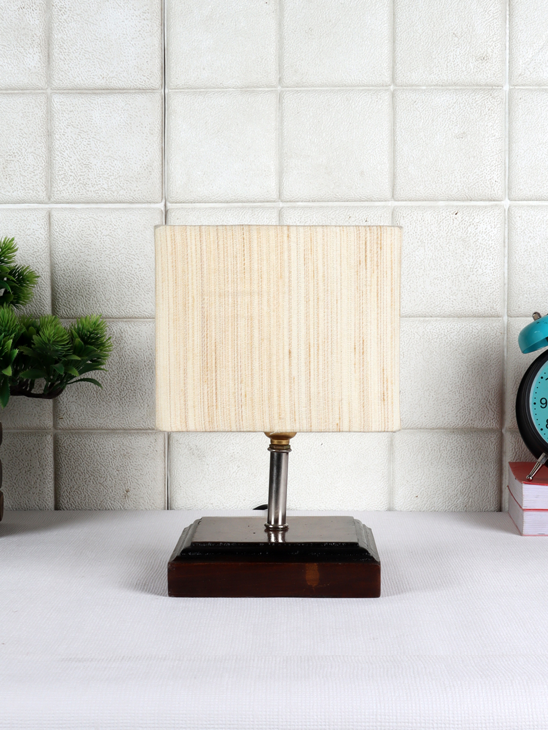 Ambika Home Off-white cotton Table Lamp with Brown Wood Base | Designer Bedside Lamp for Living Room, Bedroom, Hotel, Café & Restaurant