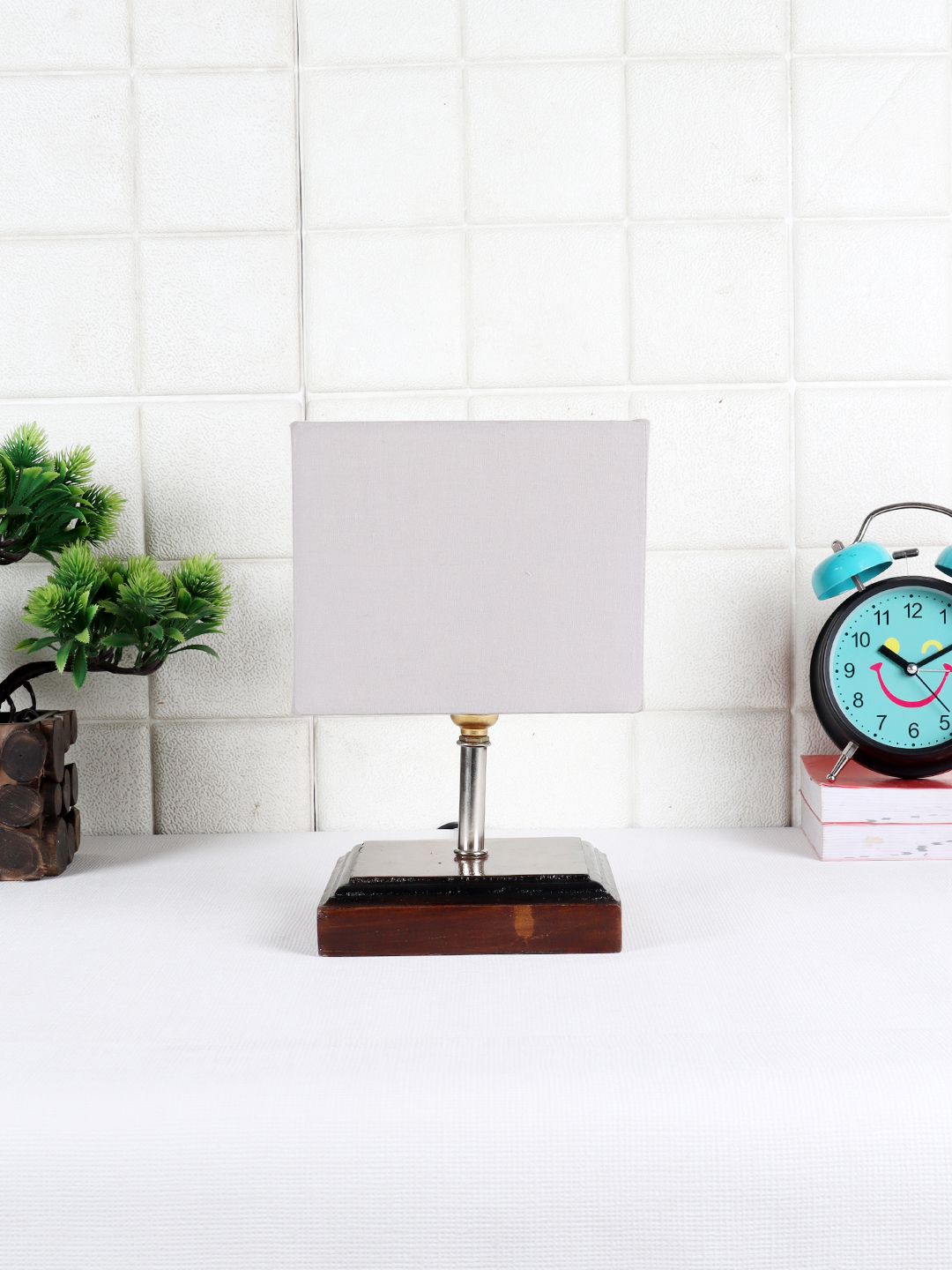 Ambika Home Grey cotton Table Lamp with Brown Wood Base | Designer Bedside Lamp for Living Room, Bedroom, Hotel, Café & Restaurant