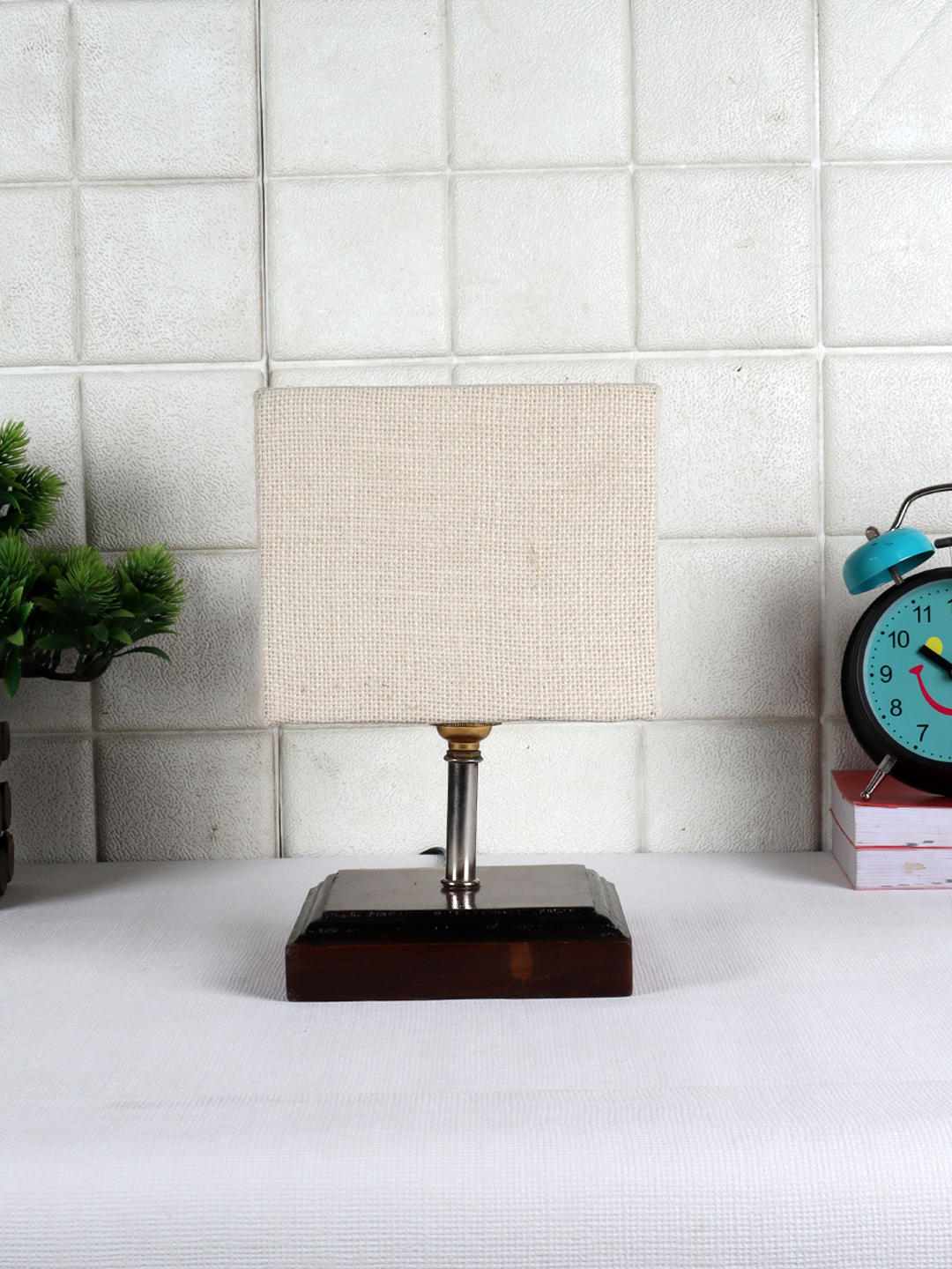 Ambika Home White Jute Table Lamp with Brown Wood Base | Designer Bedside Lamp for Living Room, Bedroom, Hotel, Café & Restaurant