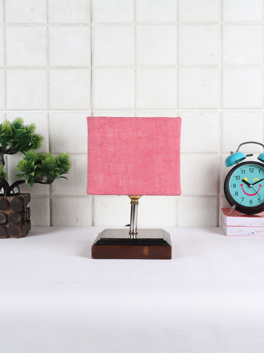 Ambika Home Pink Jute Table Lamp with Brown Wood Base | Designer Bedside Lamp for Living Room, Bedroom, Hotel, Café & Restaurant