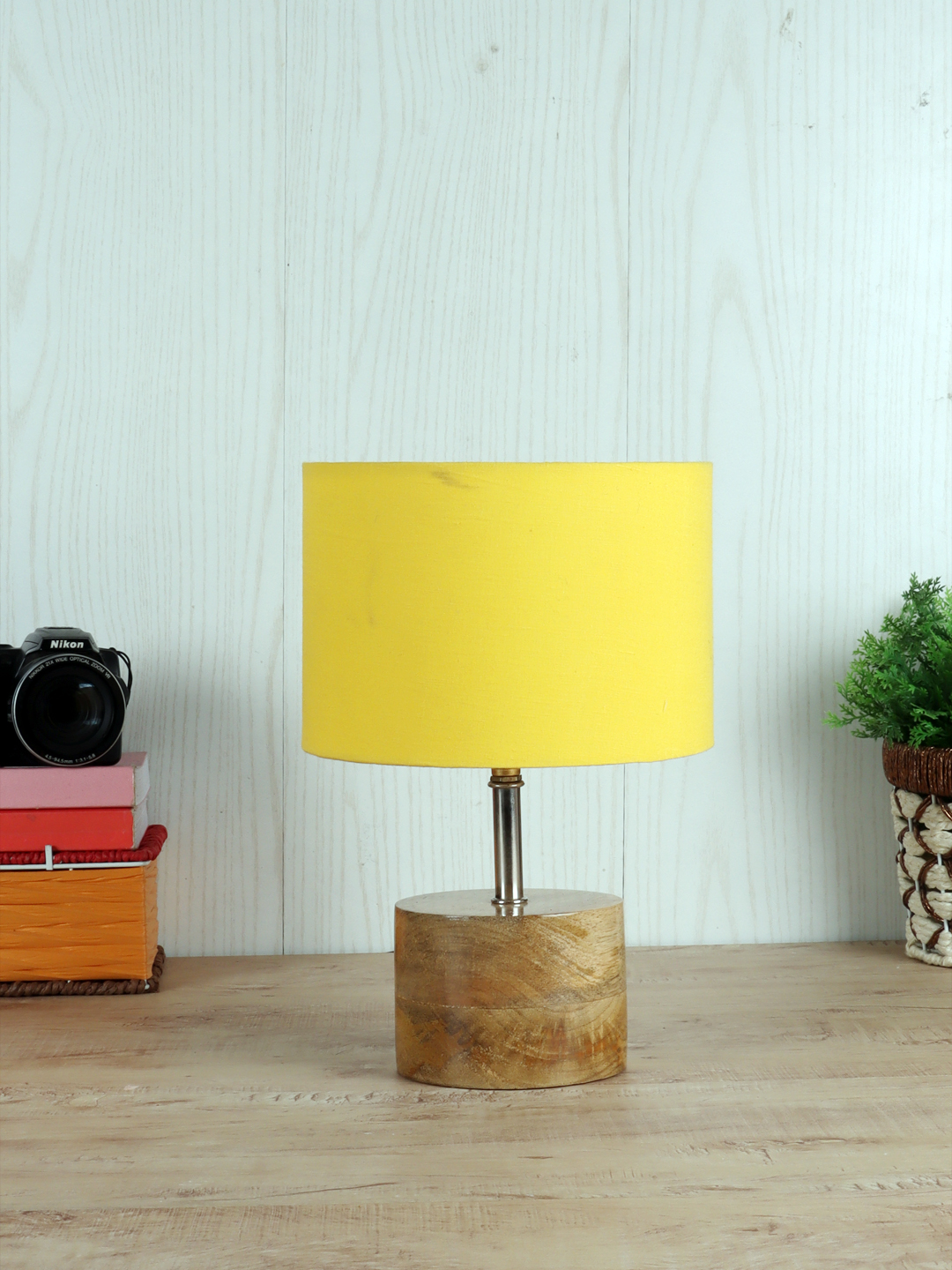 Ambika Home Yellow cotton Table Lamp with Natural Wood Base | Designer Bedside Lamp for Living Room, Bedroom, Hotel, Café & Restaurant