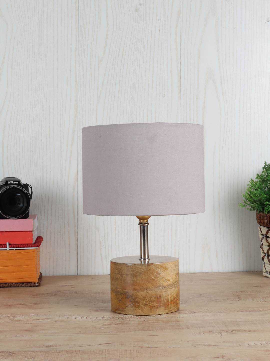 Ambika Home Grey cotton Table Lamp with Natural Wood Base | Designer Bedside Lamp for Living Room, Bedroom, Hotel, Café & Restaurant