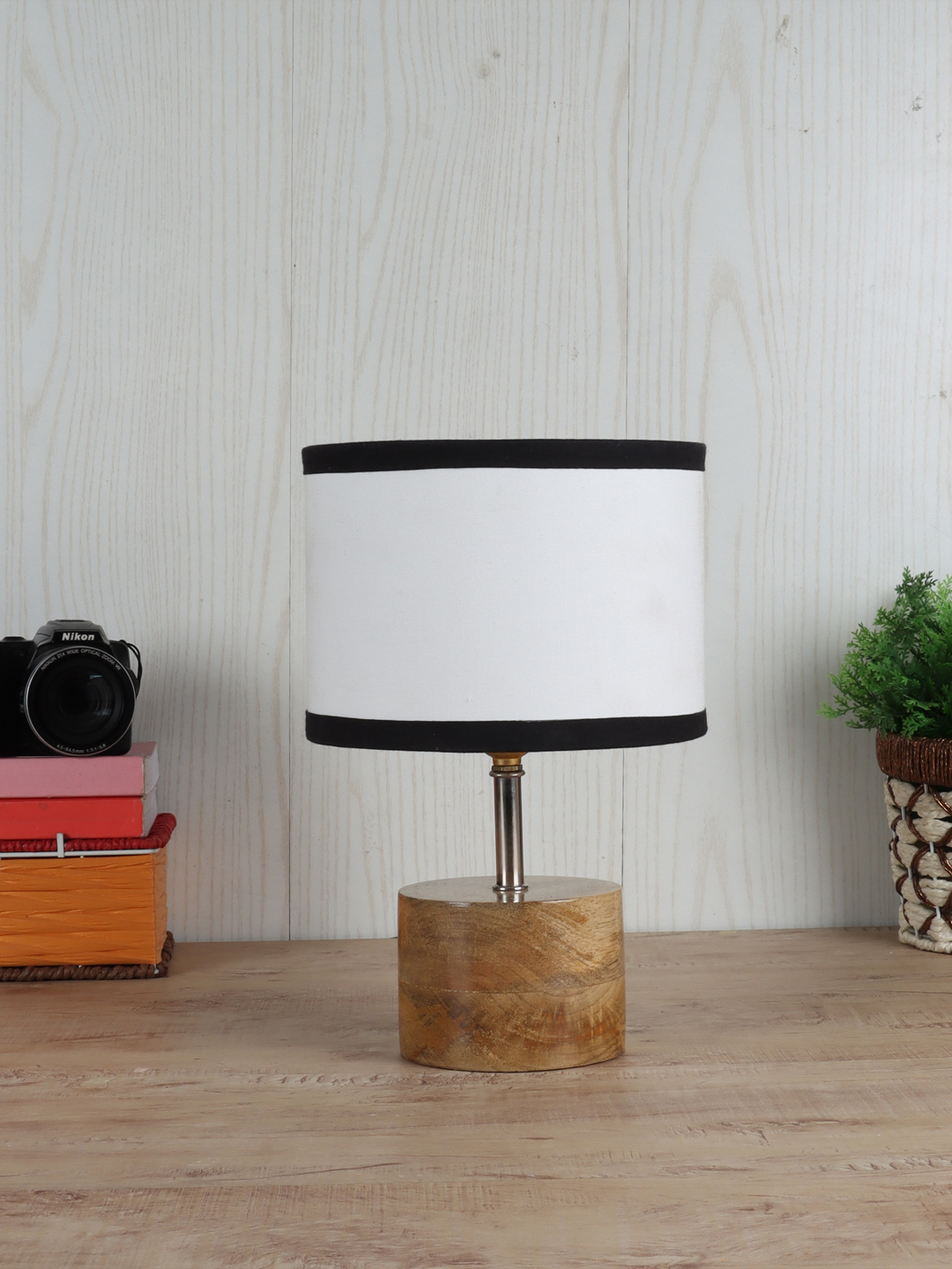 Ambika Home White cotton Table Lamp with Natural Wood Base | Designer Bedside Lamp for Living Room, Bedroom, Hotel, Café & Restaurant