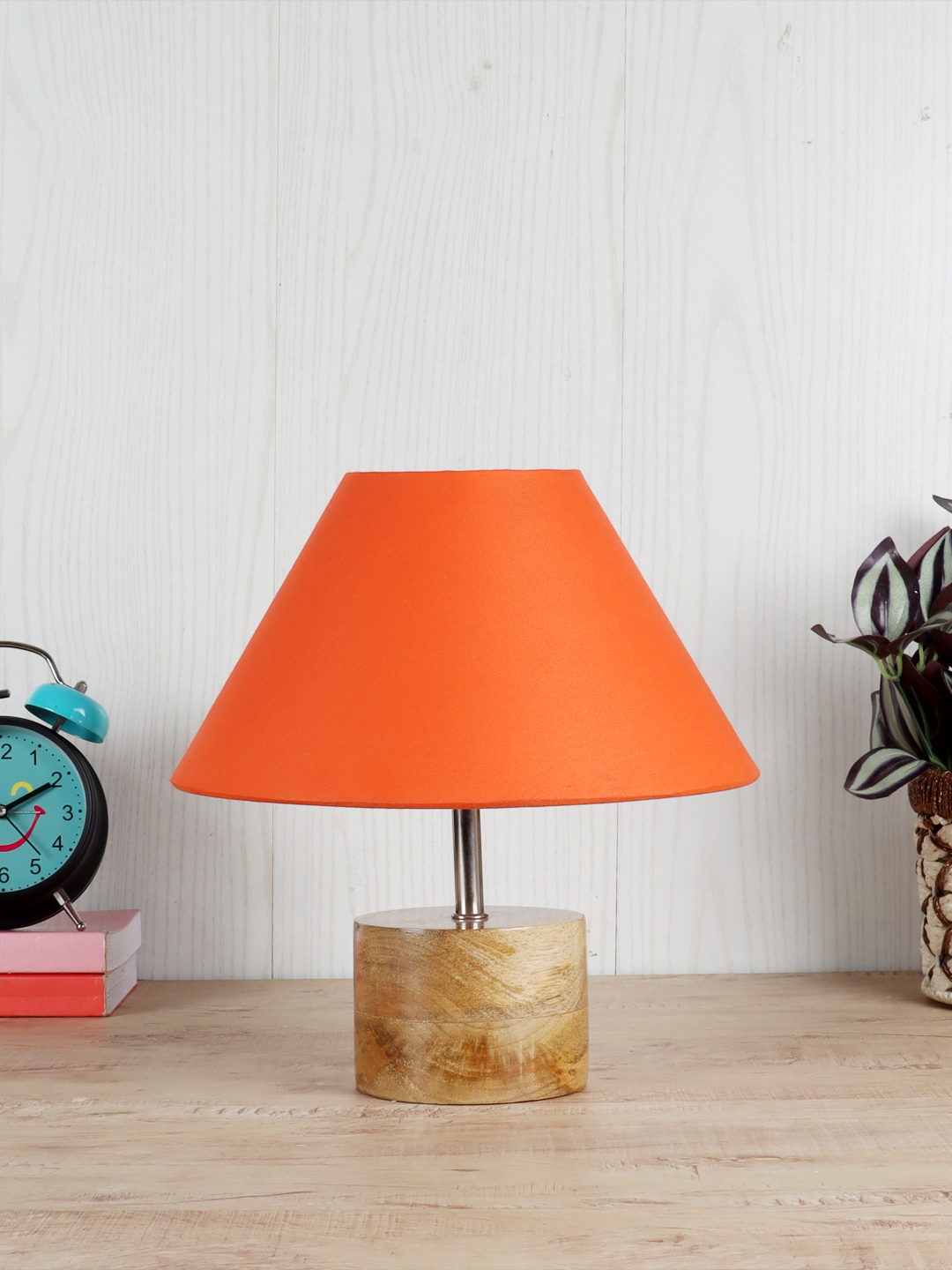 Ambika Home Orange cotton Table Lamp with Natural Wood Base | Designer Bedside Lamp for Living Room, Bedroom, Hotel, Café & Restaurant