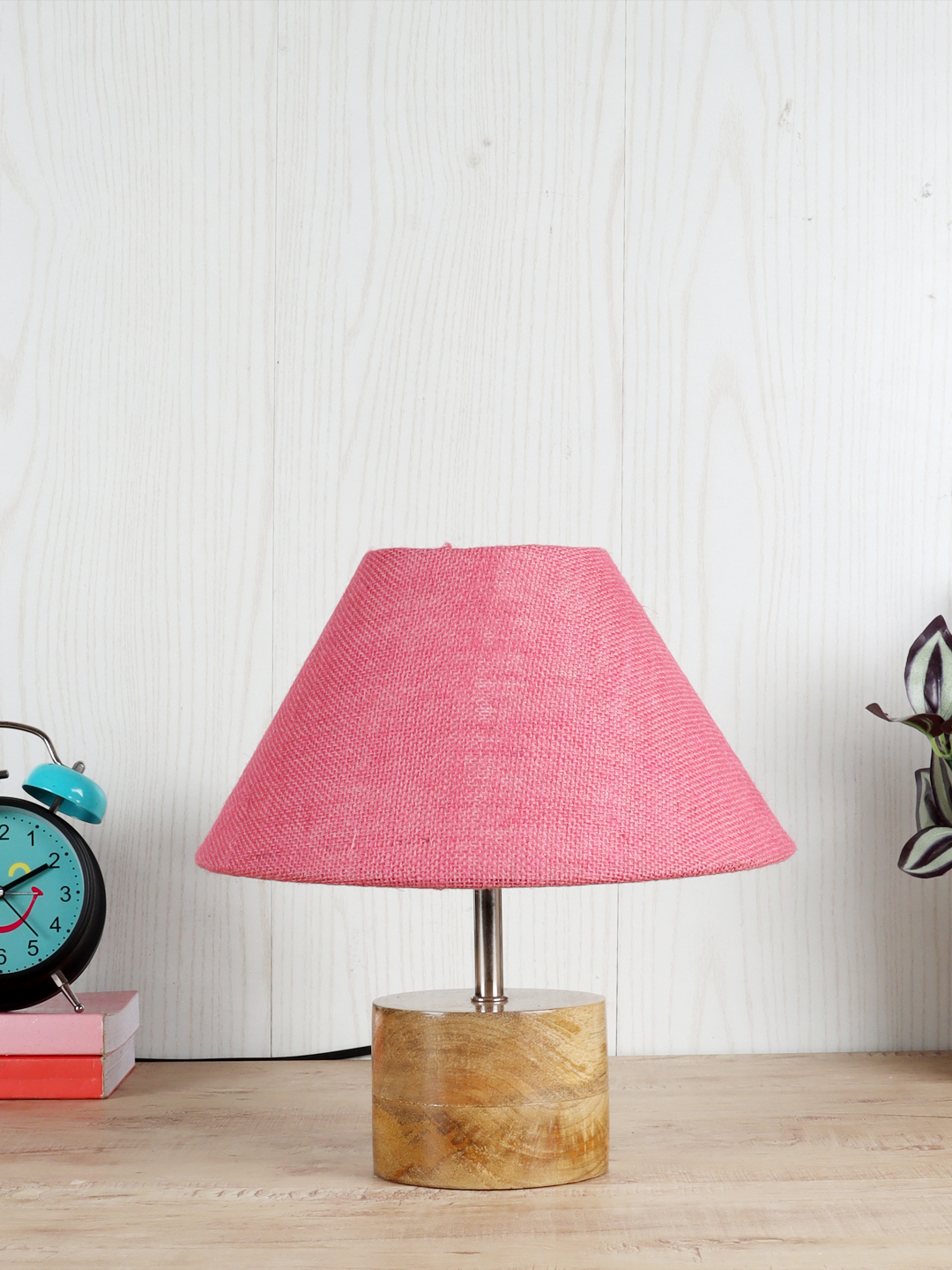 Ambika Home Pink Jute Table Lamp with Natural Wood Base | Designer Bedside Lamp for Living Room, Bedroom, Hotel, Café & Restaurant