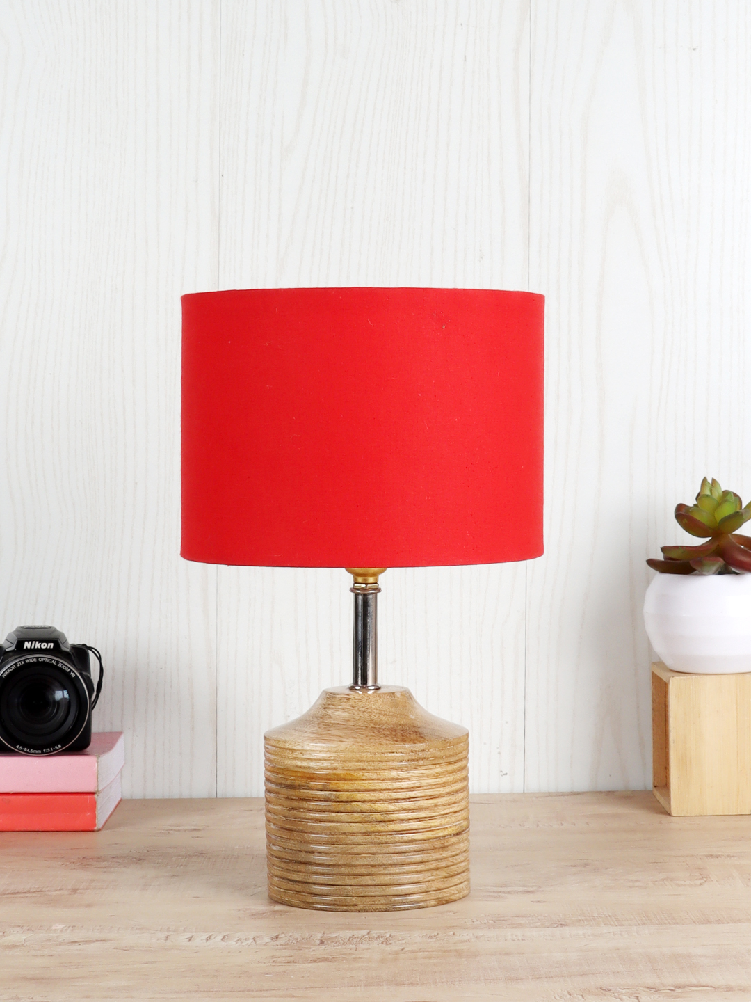 Ambika Home Red cotton Table Lamp with Natural Wood Base | Designer Bedside Lamp for Living Room, Bedroom, Hotel, Café & Restaurant