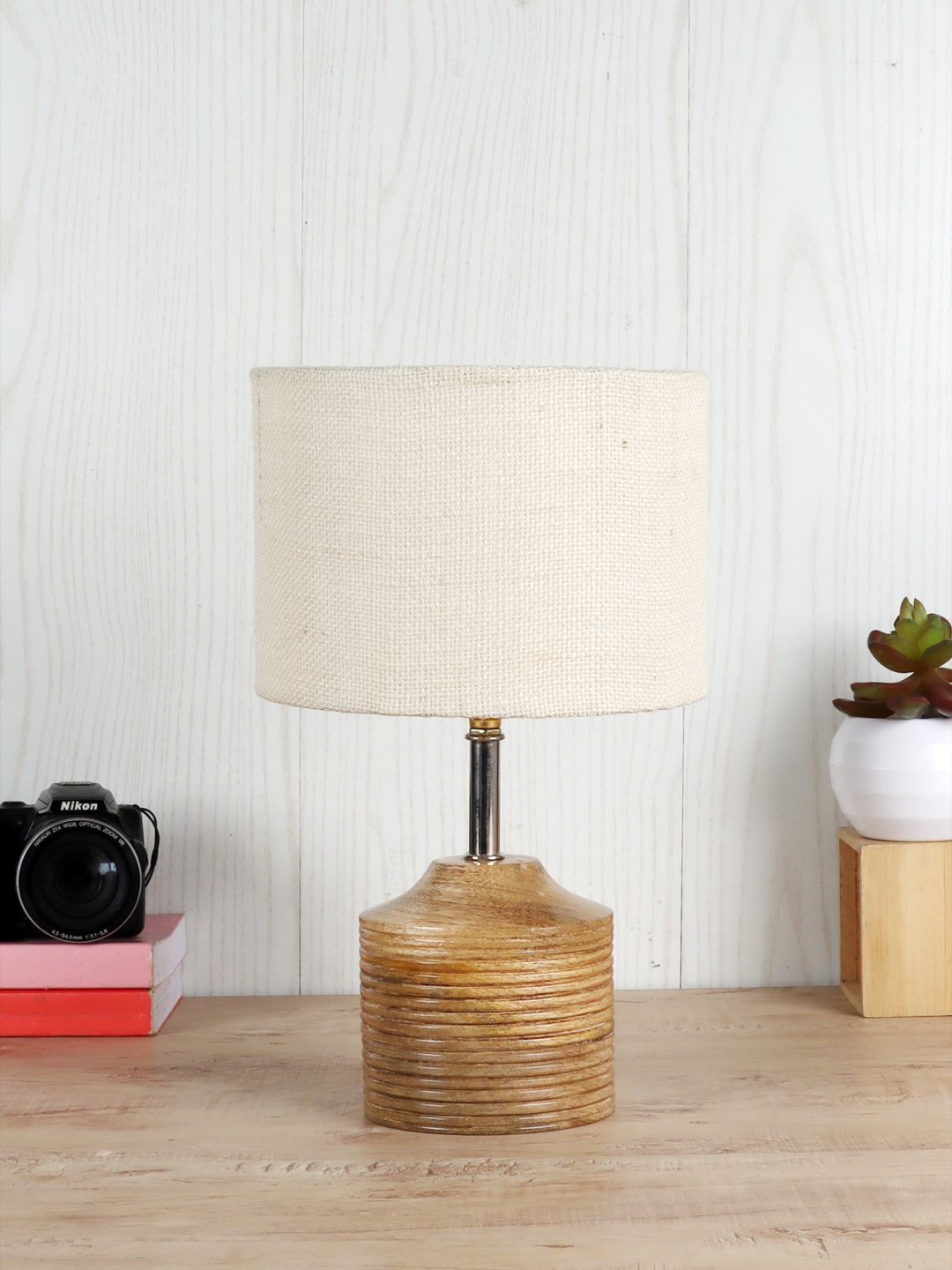 Ambika Home White Jute Table Lamp with Natural Wood Base | Designer Bedside Lamp for Living Room, Bedroom, Hotel, Café & Restaurant