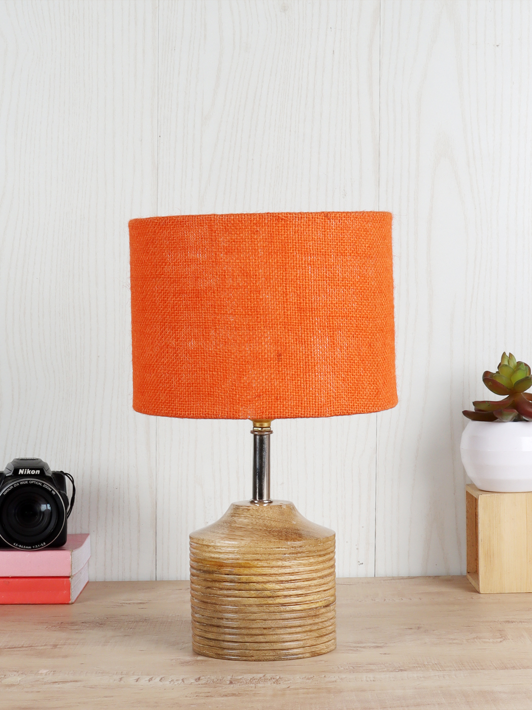 Ambika Home Orange Jute Table Lamp with Natural Wood Base | Designer Bedside Lamp for Living Room, Bedroom, Hotel, Café & Restaurant