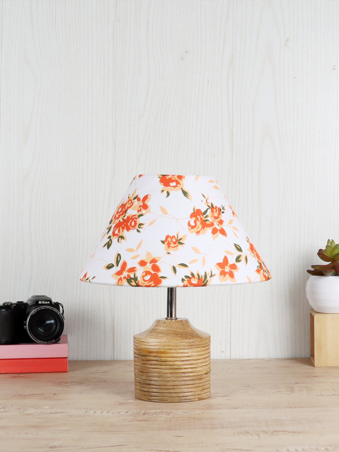 Ambika Home Multicolor cotton Table Lamp with Natural Wood Base | Designer Bedside Lamp for Living Room, Bedroom, Hotel, Café & Restaurant