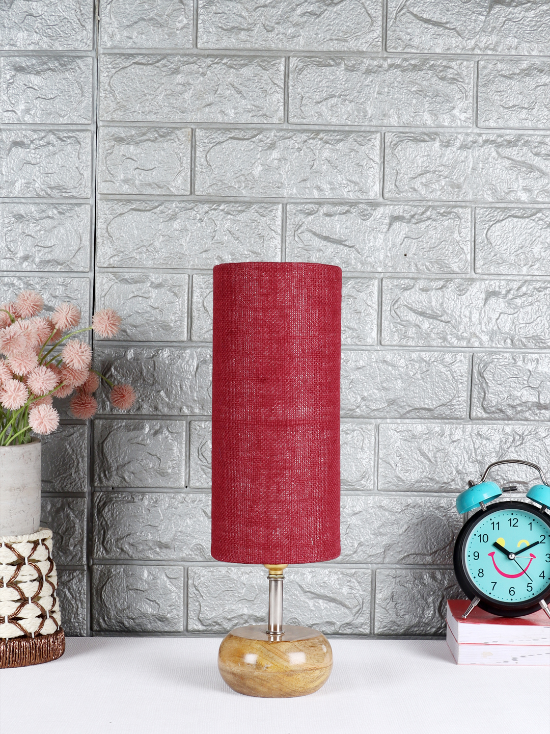 Ambika Home Maroon Jute Table Lamp with Natural Wood Base | Designer Bedside Lamp for Living Room, Bedroom, Hotel, Café & Restaurant