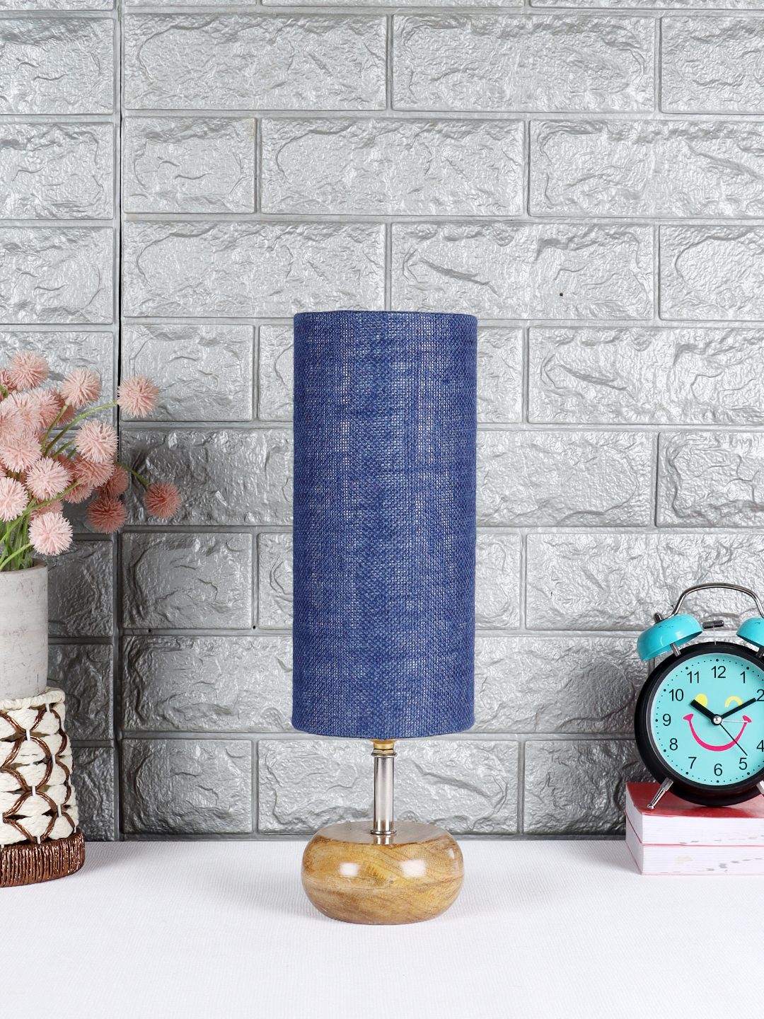 Ambika Home Blue Jute Table Lamp with Natural Wood Base | Designer Bedside Lamp for Living Room, Bedroom, Hotel, Café & Restaurant