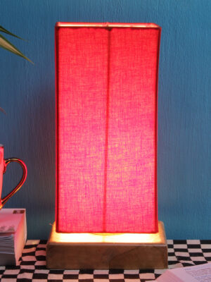 Ambika Home Wood Wood Table Lamps with Red cotton Shade | Square Shade & Square Base | Bedside Lamp for Bedroom, Living Room, Study, Office, Hotel, Café & Restaurant | Modern Home Decor | E27 Holder
