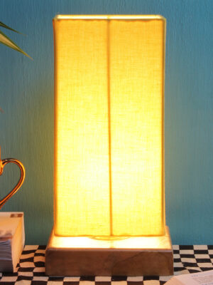 Ambika Home Wood Wood Table Lamps with Yellow cotton Shade | Square Shade & Square Base | Bedside Lamp for Bedroom, Living Room, Study, Office, Hotel, Café & Restaurant | Modern Home Decor | E27 Holder