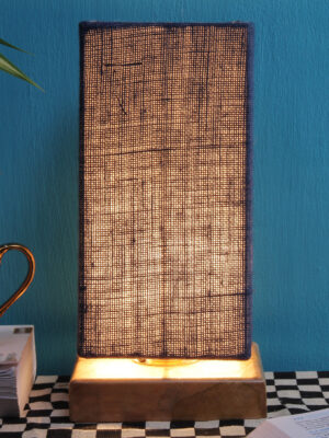 Ambika Home Wood Wood Table Lamps with Blue Jute Shade | Square Shade & Square Base | Bedside Lamp for Bedroom, Living Room, Study, Office, Hotel, Café & Restaurant | Modern Home Decor | E27 Holder