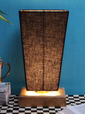 Ambika Home Wood Wood Table Lamps with Black cotton Shade | Pyramid Shade & Square Base | Bedside Lamp for Bedroom, Living Room, Study, Office, Hotel, Café & Restaurant | Modern Home Decor | E27 Holder