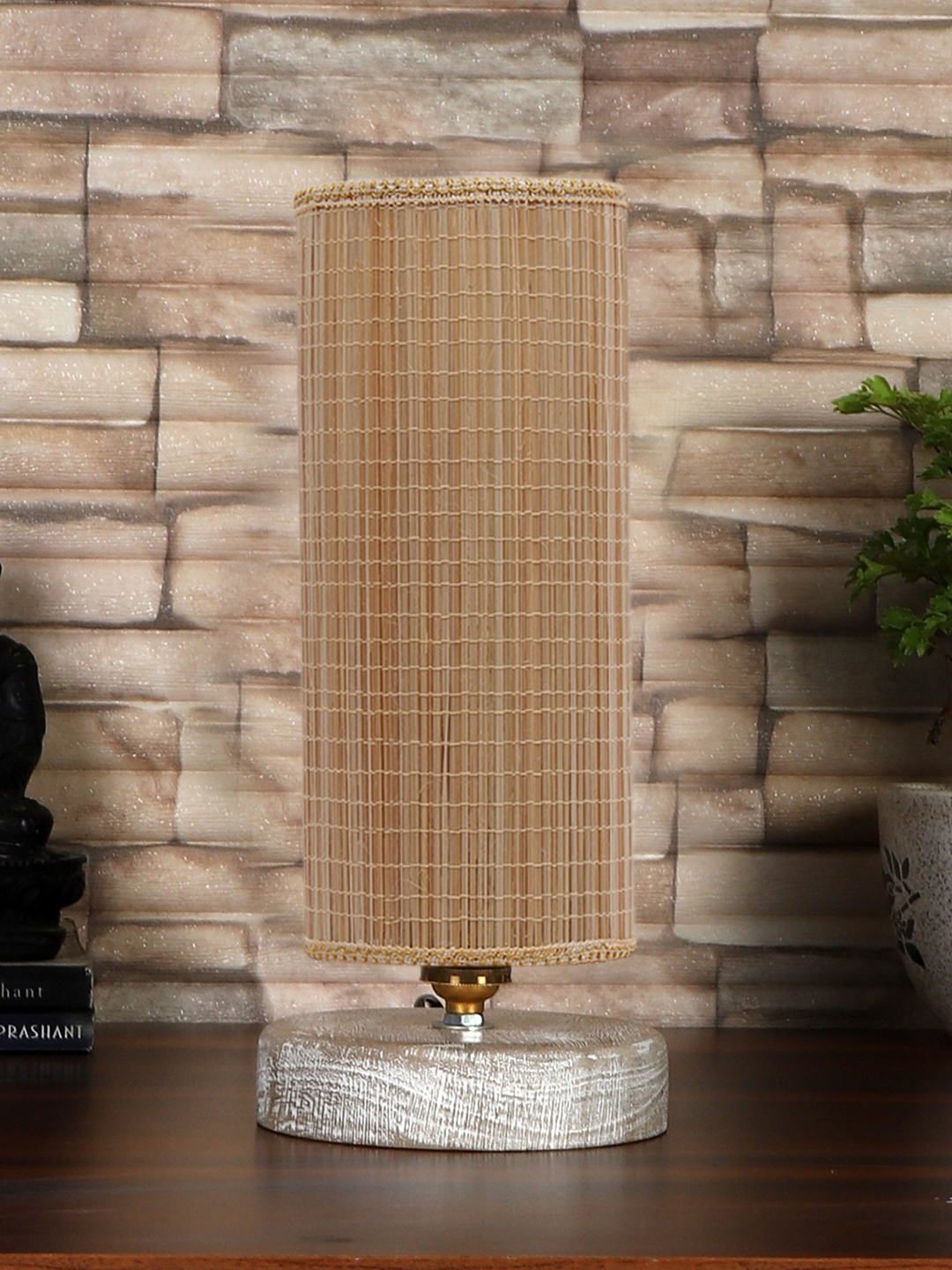 Ambika Home Beige Boho Bamboo White Brushed Decorative Table Lamp | Premium Handmade Home Decor | Bedroom Living Room Bedside Hotel Café | WK59