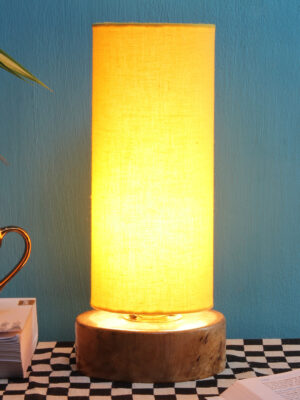 Ambika Home Wood Wood Table Lamps with Yellow Jute Shade | Round Shade & Round Base | Bedside Lamp for Bedroom, Living Room, Study, Office, Hotel, Café & Restaurant | Modern Home Decor | E27 Holder