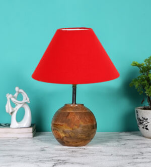 Ambika Home Premium Red Cotton  Table Lamp with Wooden Base | Designer Bedside Lamp for Living Room, Bedroom, Hotel, Café & Restaurant