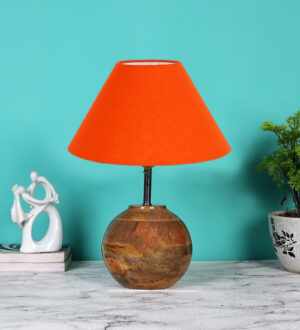 Ambika Home Premium Orange Cotton  Table Lamp with Wooden Base | Designer Bedside Lamp for Living Room, Bedroom, Hotel, Café & Restaurant