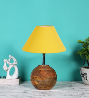 Ambika Home Premium Yellow Cotton  Table Lamp with Wooden Base | Designer Bedside Lamp for Living Room, Bedroom, Hotel, Café & Restaurant
