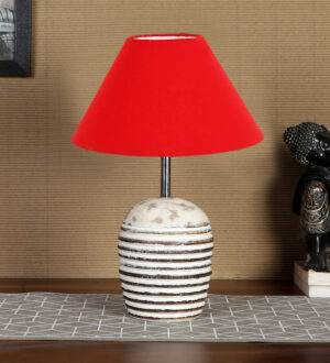 Ambika Home Premium Red Cotton  Table Lamp with Wooden Base | Designer Bedside Lamp for Living Room, Bedroom, Hotel, Café & Restaurant