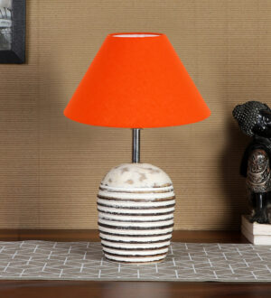 Ambika Home Premium Orange Cotton  Table Lamp with Wooden Base | Designer Bedside Lamp for Living Room, Bedroom, Hotel, Café & Restaurant