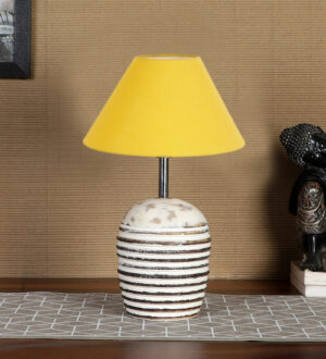 Ambika Home Premium Yellow Cotton  Table Lamp with Wooden Base | Designer Bedside Lamp for Living Room, Bedroom, Hotel, Café & Restaurant