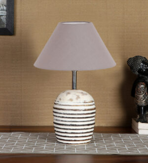 Ambika Home Premium Grey Cotton  Table Lamp with Wooden Base | Designer Bedside Lamp for Living Room, Bedroom, Hotel, Café & Restaurant
