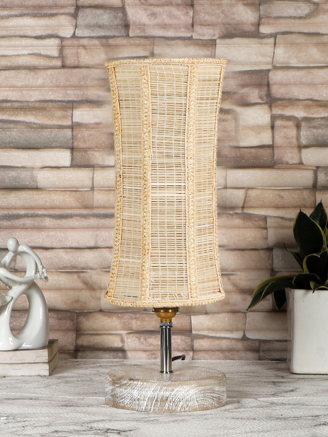 Ambika Home Beige Boho Bamboo White Brushed Decorative Table Lamp | Premium Handmade Home Decor | Bedroom Living Room Bedside Hotel Café | WK01
