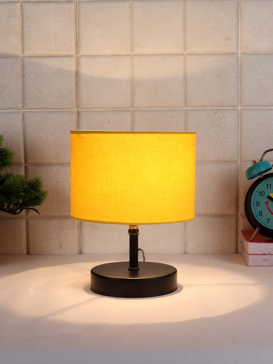 Ambika Home Yellow cotton Table Lamp with Black Wood Base | Designer Bedside Lamp for Living Room, Bedroom, Hotel, Café & Restaurant - Image 2