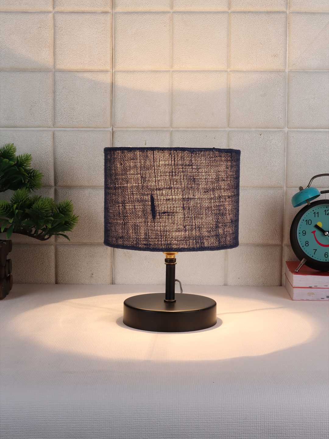 Ambika Home Blue Jute Table Lamp with Black Wood Base | Designer Bedside Lamp for Living Room, Bedroom, Hotel, Café & Restaurant - Image 2