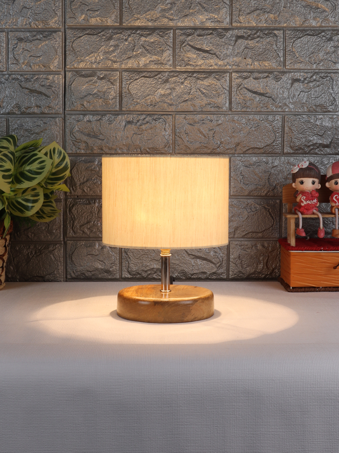 Ambika Home Off-white cotton Table Lamp with Natural Wood Base | Designer Bedside Lamp for Living Room, Bedroom, Hotel, Café & Restaurant - Image 2