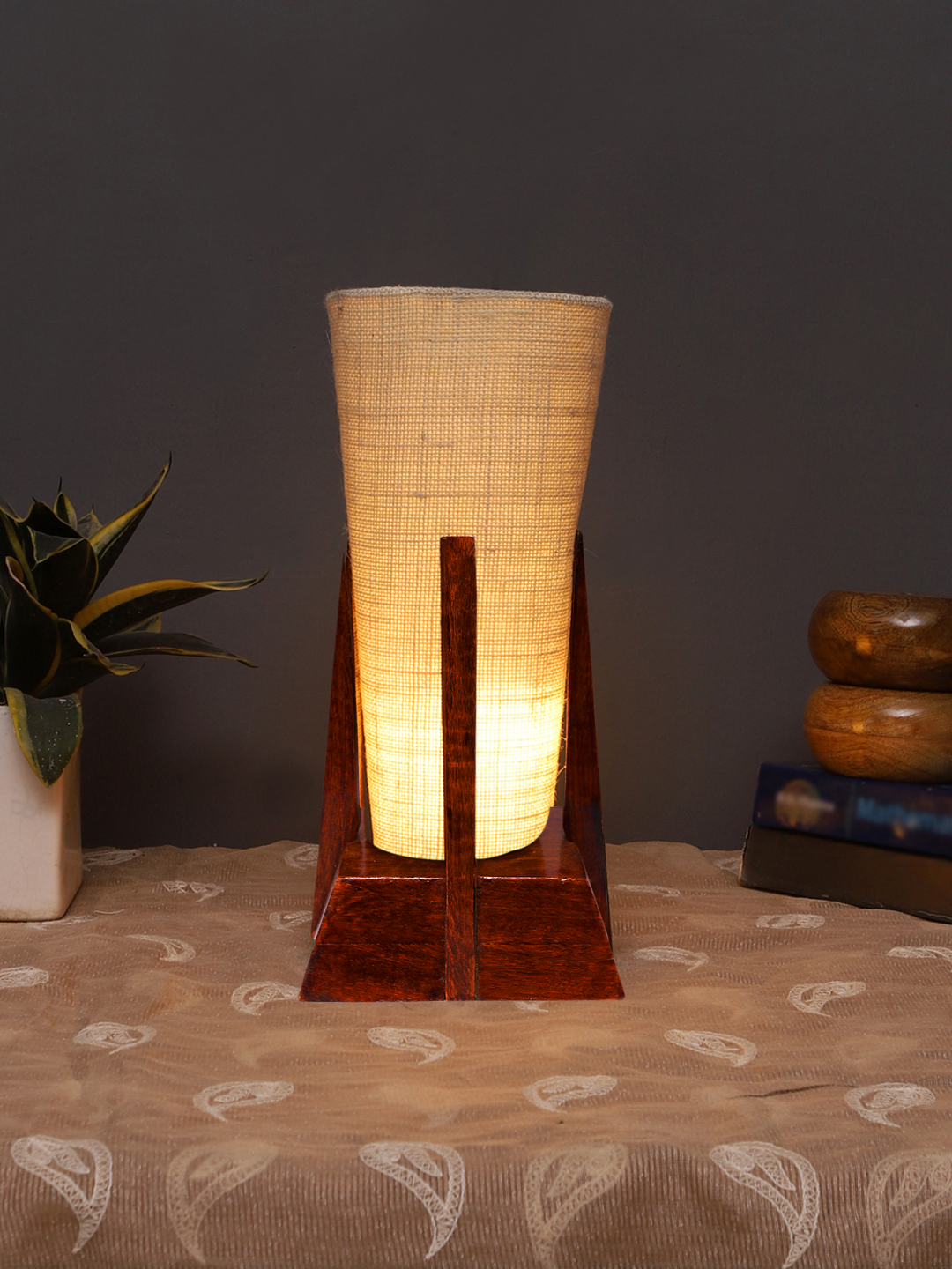 Ambika Home White Cotton Conical Wooden Table Lamp | Modern Bedside Lamp for Bedroom, Living Room, Hotel, Café & Home Décor - Image 2