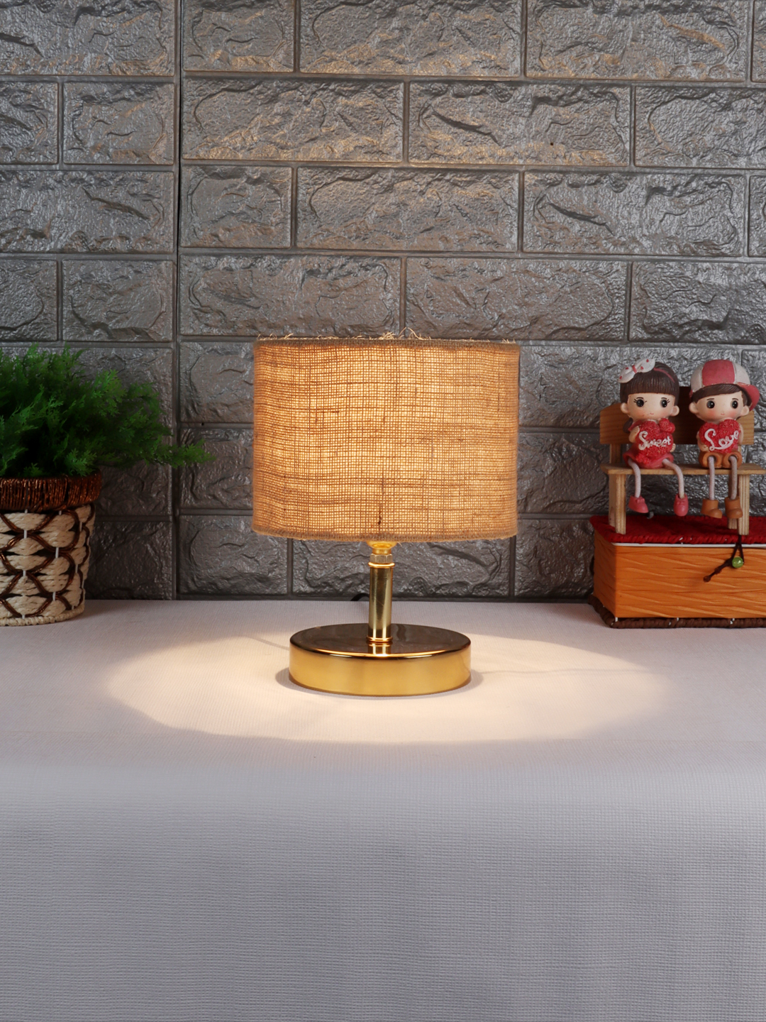 Ambika Home Beige Jute Table Lamp with Gold Metal Base | Designer Bedside Lamp for Living Room, Bedroom, Hotel, Café & Restaurant - Image 2