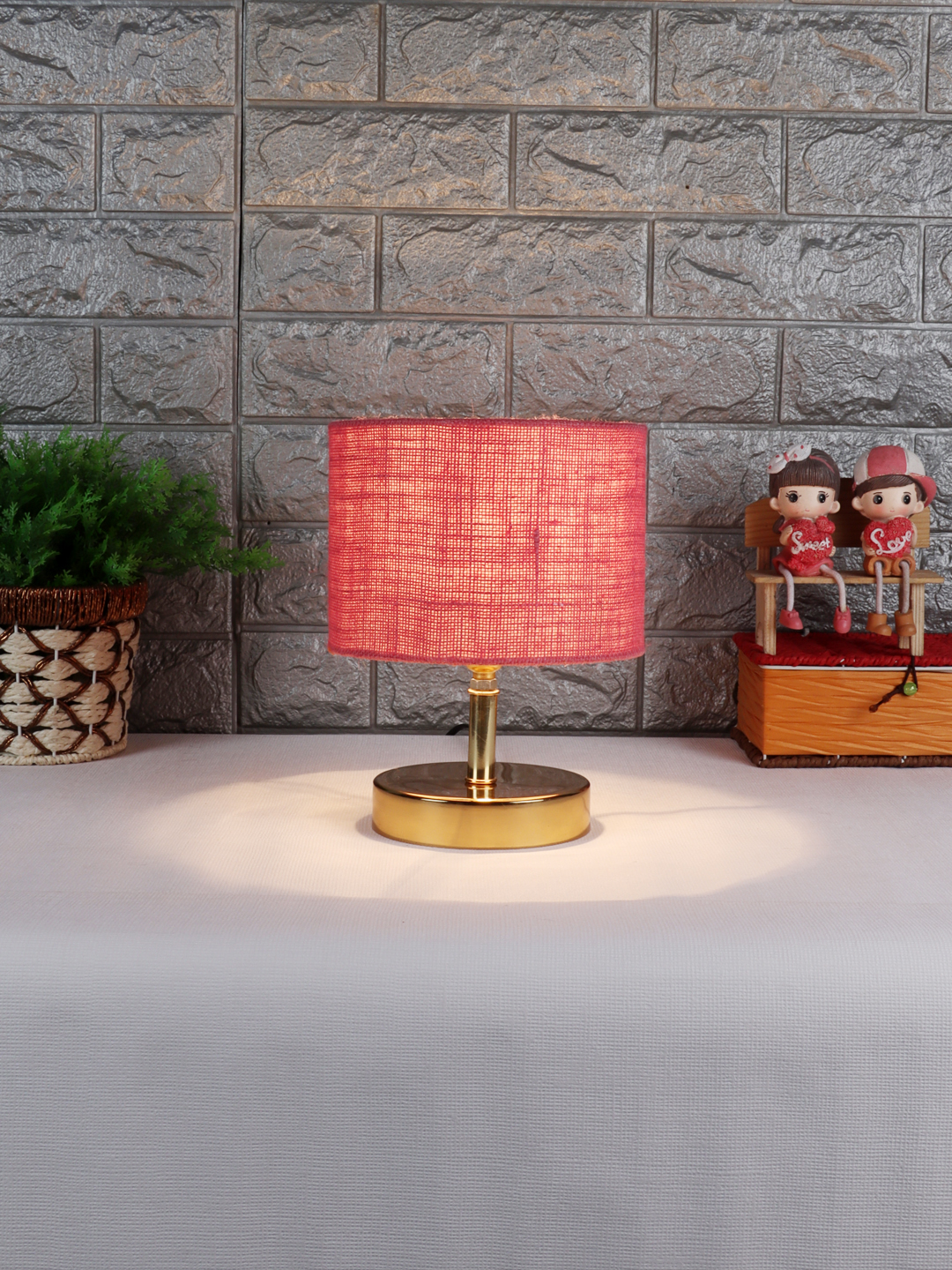 Ambika Home Pink Jute Table Lamp with Gold Metal Base | Designer Bedside Lamp for Living Room, Bedroom, Hotel, Café & Restaurant - Image 2