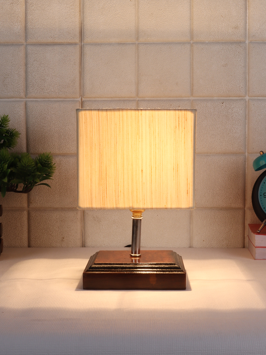 Ambika Home Off-white cotton Table Lamp with Brown Wood Base | Designer Bedside Lamp for Living Room, Bedroom, Hotel, Café & Restaurant - Image 2